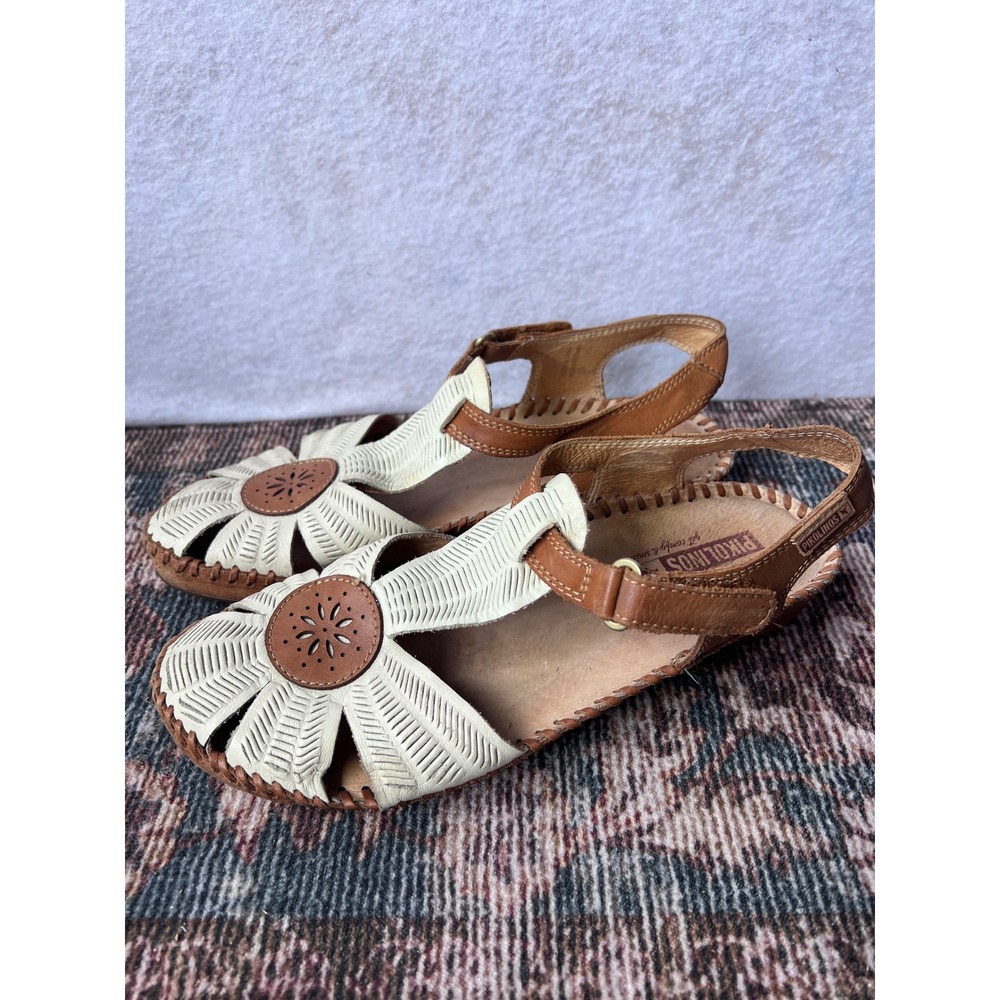 Pikolinos Womens Leather Floral Cutout Slingback Sandals Tan Cream Size 38